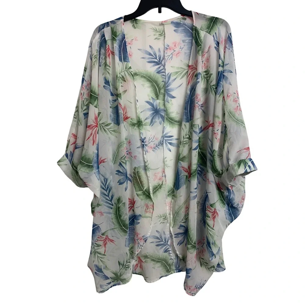 Tropical Palm‎ Floral Cotton Kimono Wrap Cover Up White Green Blue XL